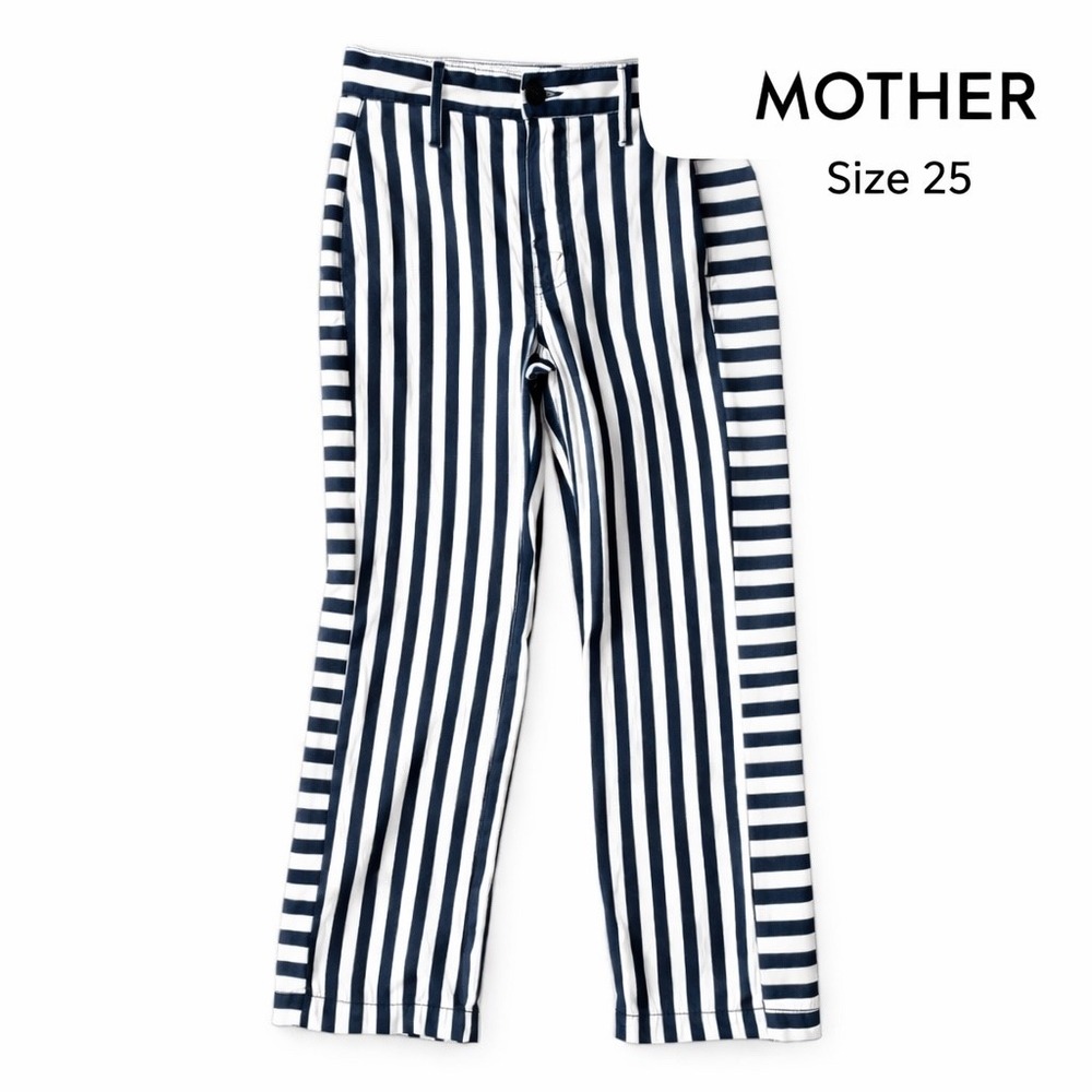 MOTHER Navy White Stripe Lyocell Pants Womens Size 25 Straight Prep Greaser USA